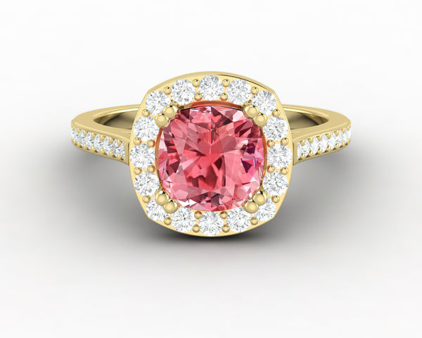 Aureola 2.0 Ct Cushion Cut Halo Chatham Champagne Peach Sapphire Engagement Ring with Side Stones