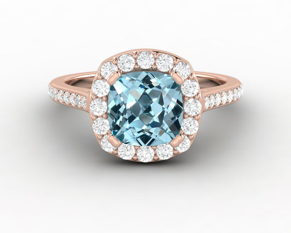 Aureola 1.5 Ct Cushion Cut Halo Aquamarine Engagement Ring with Diamond Side Stones