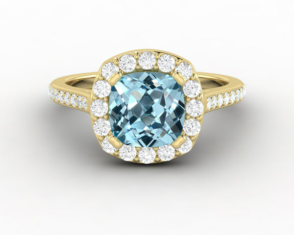 Aureola 1.5 Ct Cushion Cut Halo Aquamarine Engagement Ring with Diamond Side Stones
