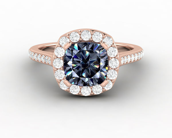 Aureola 1.5 Ct Cushion Cut Halo Grey Moissanite Engagement Ring with Side Stones