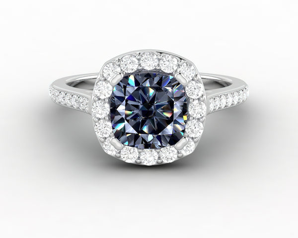 Aureola 1.5 Ct Cushion Cut Halo Grey Moissanite Engagement Ring with Side Stones