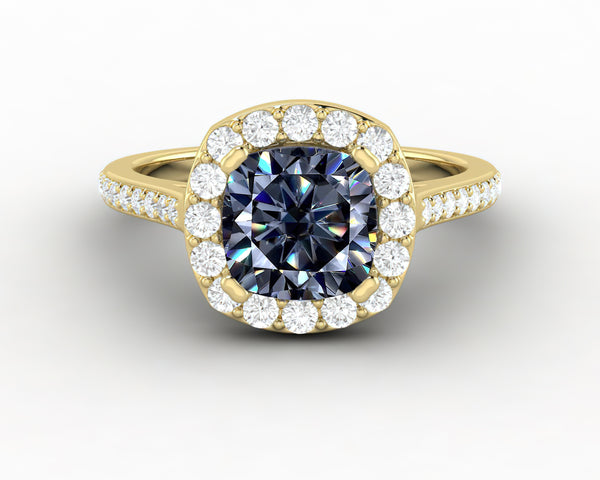 Aureola 1.5 Ct Cushion Cut Halo Grey Moissanite Engagement Ring with Side Stones