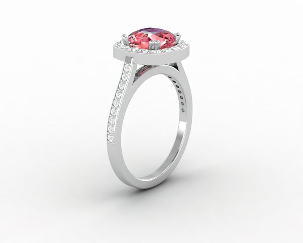 Aureola 2.0 Ct Cushion Cut Halo Chatham Champagne Peach Sapphire Engagement Ring with Side Stones